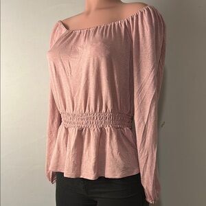 LC Lauren Conrad Women’s Off Shoulder Shirt w/Silver Metallic Stripes - Sz M